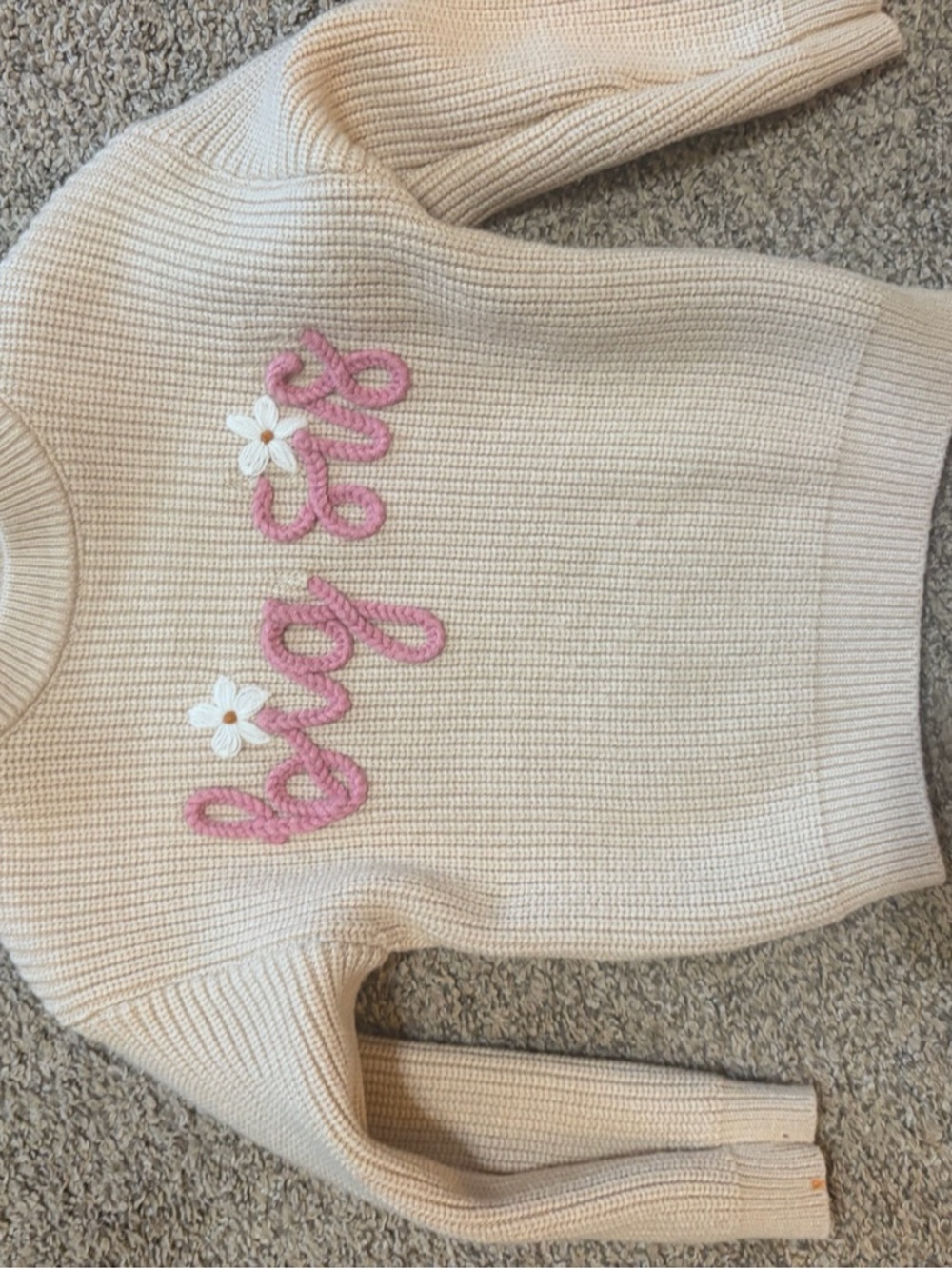 Cream Knit Sweater with Pink Script and Daisy Detail